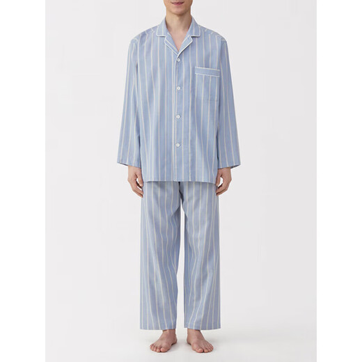MUJI men's side seamless double layer gauze pajamas home clothes Saxony blue stripes 5A L