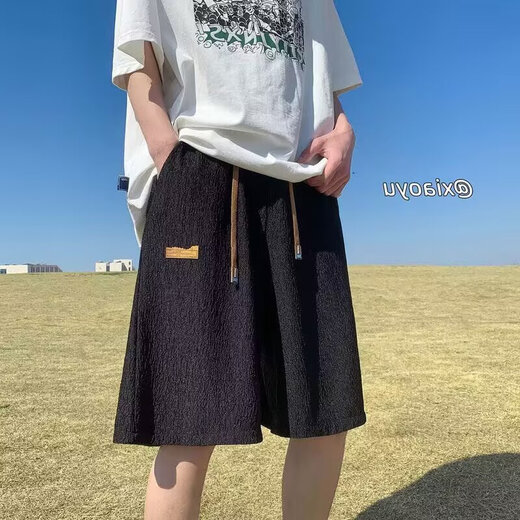 Pantalones con cordón frescos de seda de hielo retro estilo de Hong Kong pantalones cortos deportivos sueltos de verano para hombres pantalones cortos de pierna ancha pantalones medianos para jóvenes blanco Leku 9913 L