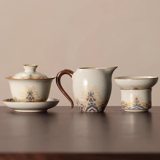 Shangyanfang Ru Kiln Sancai bowl teacup high-end ceramic fair cup with tea leak filter three-piece Kung Fu tea set for one person