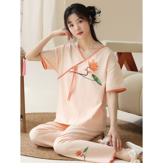 Un juego de pijamas de manga corta para mujeres de verano de 21 Funb con nuevos pantalones de ropa de algodón de algodón de estilo chino, puedes usarlo afuera para ropa casual en verano Lzy9905 m (sugerido 75-95Jin [Jin iguala 0.5 kg])