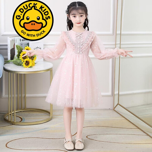 G.duck brand children's clothing girls dress autumn super western gauze skirt girls Korean version medium to large children long-sleeved princess dress trendy pink 130