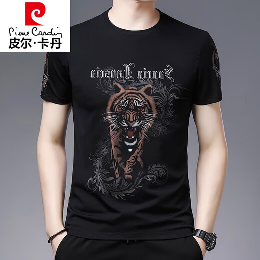 Pierre Cardin (pierre cardin) printed short-sleeved T-shirt men's summer tiger head loose ice silk half-sleeved body shirt men's thin ice-feeling trendy T 829 striped letters black M 165/ Recommended 95-120Jin Jin is equal to 0.5 kg