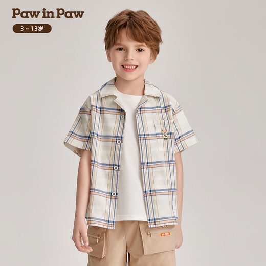 PawinPaw cartoon bear children's clothing boys contrast plaid short-sleeved shirt casual PCYAE2511M green 140