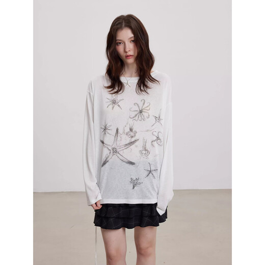 微透防晒罩衫长袖t恤女夏季薄款印花宽松显瘦上衣insGXXX96-60030 白色 L