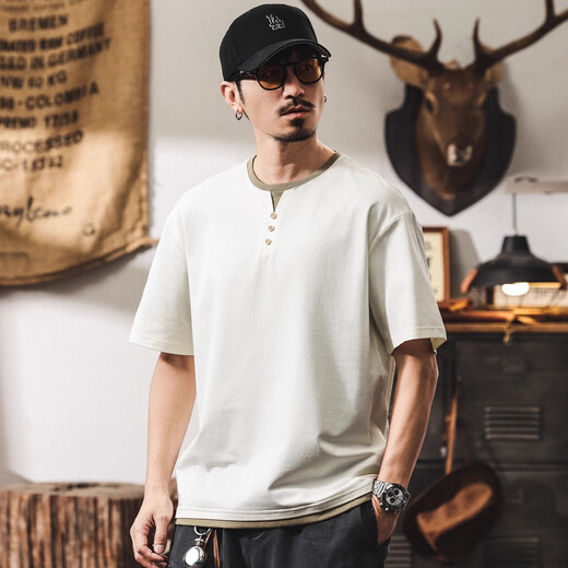 Jay Leno American retro cool T-shirt men's short-sleeved summer loose fake two-piece top trendy Henry collar POLO shirt for men apricot 4XL suitable for 200-220Jin Jin equals 0.5 kg