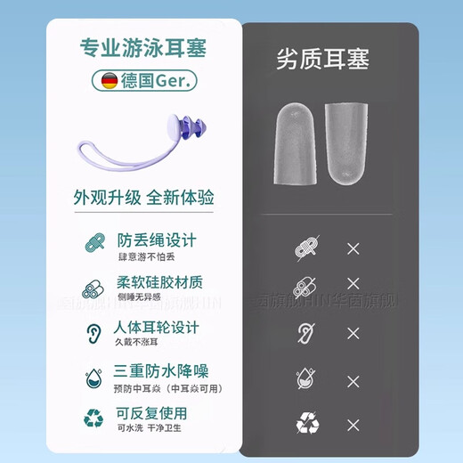 JCZS German swimming earplugs waterproof special waterproof silicone children's swimming nose clip earplugs non-soundproof with rope anti-lost design-blue