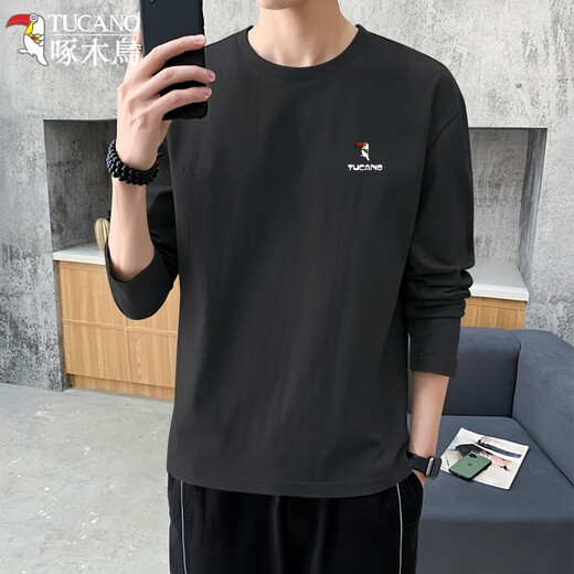 Woodpecker (TUCANO) long-sleeved T-shirt men's thin slim fit pure cotton T-shirt casual versatile solid color round neck pullover bottoming shirt men's dark gray XL recommended 120-130Jin Jin equals 0.5 kg