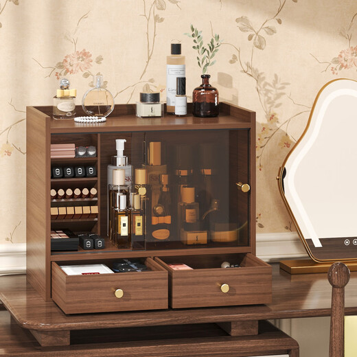 Shushi cosmetics storage box dust-proof walnut color high-end sliding door drawer-style lipstick lip glaze desktop storage rack