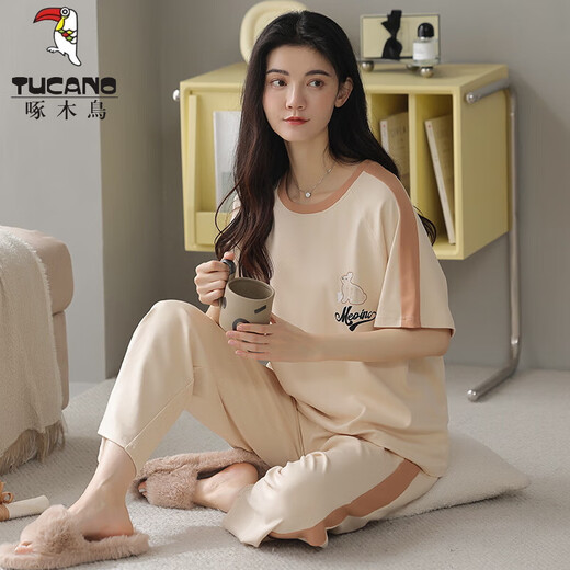 啄木鸟（TUCANO）纯棉短袖睡衣套装夏季全长裤薄款卡通家居服春秋可外穿韩版 Y9717 M (建议75-95斤)