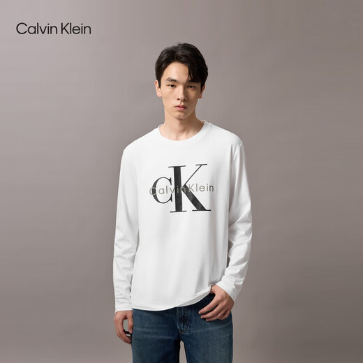 Calvin KleinJeans spring and autumn men and women couples neutral casual commuting ck printed bottoming shirt round neck long-sleeved T-shirt top