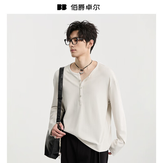 Earl Zall Henry Collar Long Sleeve T-Shirt Men's Simple Commuting Versatile T-shirt 2025 Autumn New T531373 Moon Night Black M (170)