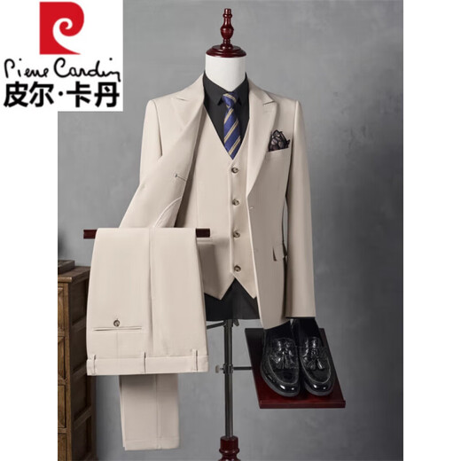 Pierre Cardin light luxury high-end no-iron suit suit men's jacket business casual formal groomsmen suit groom wedding suit men 93619 apricot suit + shirt + trousers / three-piece suit M 105-115Jin Jin equals 0.5 kg