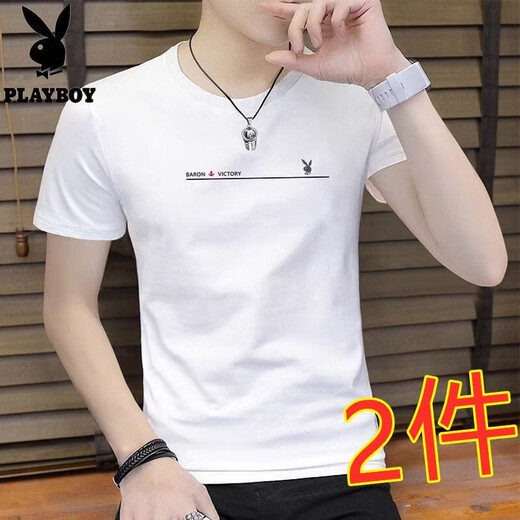Playboy short-sleeved T-shirt men's pure cotton T-shirt summer new versatile slim fit half-sleeved men's white T fishhook white + small label white XL recommended 120-135Jin Jin equals 0.5 kg