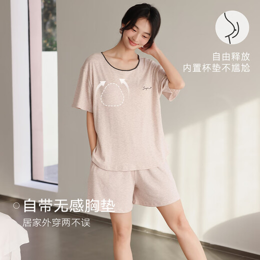 MiiOW Modal Pajamas for Women Winter New Thin Style with Padded Short Sleeves Large Size Cotton Silk Home Clothes with Hair Tie Rice Apricot Gray L