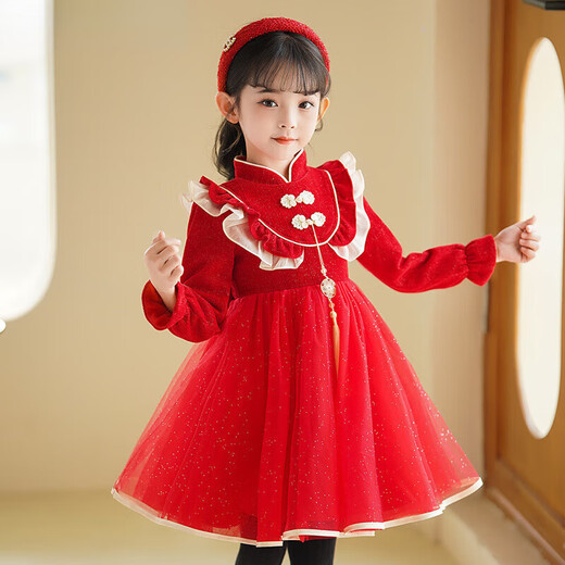 Luo Zhichao girls' dress winter plus velvet style children's princess dress little girl autumn and winter thickened children's clothing tutu skirt red spring and autumn 110