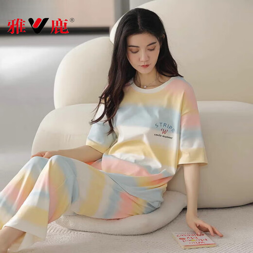 Pajamas de yalu para mujeres en primavera y verano algodón puro pantalones de manga corta delgada coreana lindo arco irbow contrastante de color de ropa para el hogar Z9711 XL [recomendado 120-140Jin [Jin iguala 0.5 kg] desgaste]