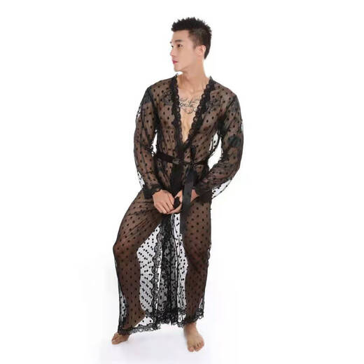 
Men's sexy lace bathrobe with long transparent slit thong suit perspective lingerie seduction passion g094 white nightgown + underwear S