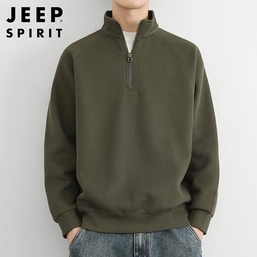 JEEP SPIRIT Jeep half-zip sweatshirt men's autumn and winter Korean style stand-up collar sweater men's trendy top olive green XL