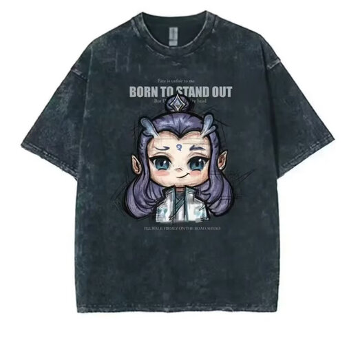 嵘虎 美式高街短袖T恤男生夏季卡通动漫水洗做旧港风潮牌潮流半袖体恤 T673黑色 XL