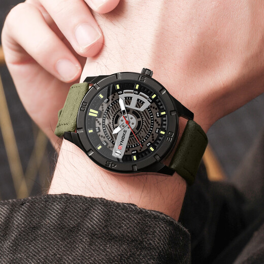 时诺刻男士手表轻奢石英腕表时尚皮革表带石英手表复古小众设计 6173军绿