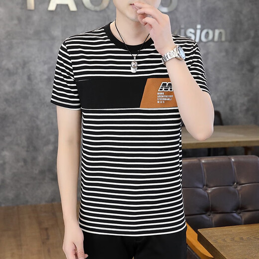 SEPTWOLVES broken code 2025 summer striped short-sleeved shirt men's new trendy slim ice silk cotton half-sleeved men's summer top 9898 white XL