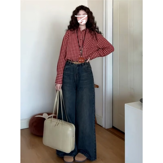 Hong Kong style retro red plaid long-sleeved shirt top for women 2026 new spring and autumn Korean style lazy style shirt jacket red plaid L 55/60kg