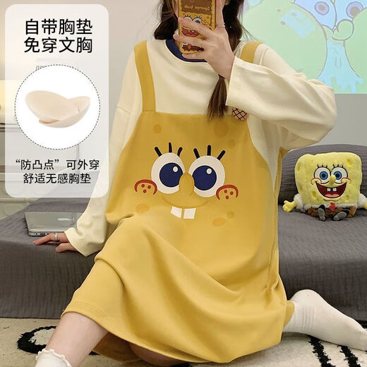 鹤屿海绵宝宝睡裙女春秋季网红款可外穿宽松舒适家居服 LA#长袖16857 【自带胸垫】 170 M 【建议95斤以内】