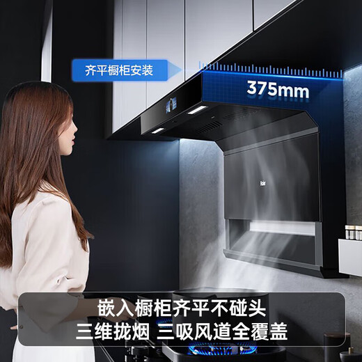Haier variable frequency range hood 31 cubic meters large air volume suction gas stove set top side double three suction kitchen two-piece set suction and exhaust machine hot melt self-cleaning 973 upgraded model 759 stove set variable frequency hood + 5.2kw concentrated energy fire stove