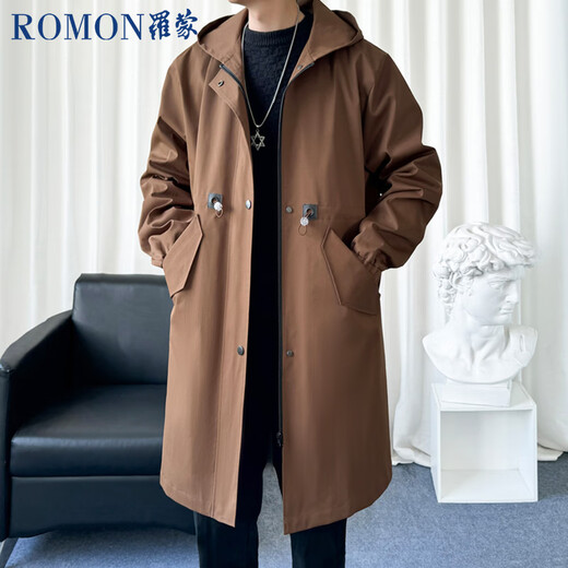 ROMON windbreaker jacket men's mid-length velvet thickened men's coat casual hooded handsome business black XL