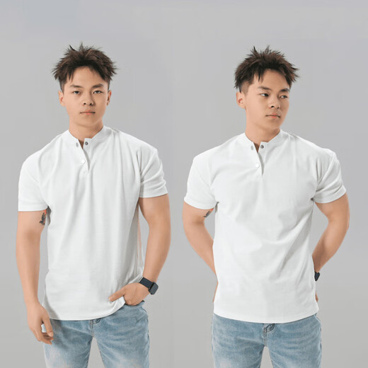 Jiaoxiafan American lapel quick-drying sports POLO shirt for men with cuffs muscle fitness short-sleeved T-shirt running training top summer white Henry collar 3XL recommended weight 200-220Jin Jin is equal to 0.5 kg