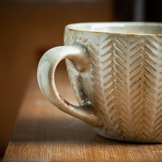 Youcci high-looking embossed ceramic cup oatmeal cup personalized kiln-turned mug retro cup coffee cup household water cup embossed breakfast cup - wheat ear yellow covered spoon