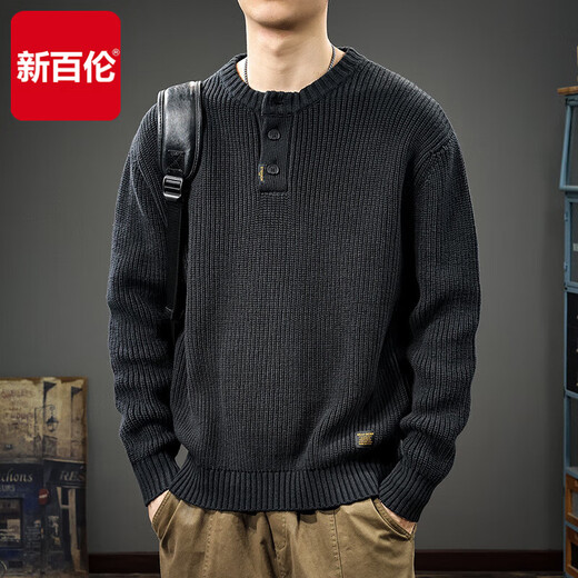 New Balance 2025 Winter Trendy Sweater Men's American Retro Henley Collar Versatile Heavyweight Casual Sweater Autumn and Winter Jacket Gray Blue L Size Suitable Weight 115-130Jin Jin is equal to 0.5 kg