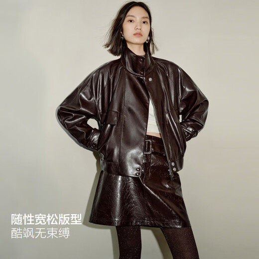 PEACEBIRD Show Style Metal Wire PU Profile Jacket Women 25 Fig Purple Leather Jacket A1BBF3525 Fig Purple S 155