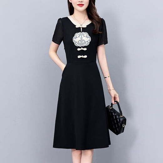 Dryworld New Chinese Retro Schwarz große Größe Frauenkleidung Fett MM Mutter Mutter mit kurzem Ärmeln Sommer neuer Stil Rich Lady Slim Black [1585 High-End-Stoff] l