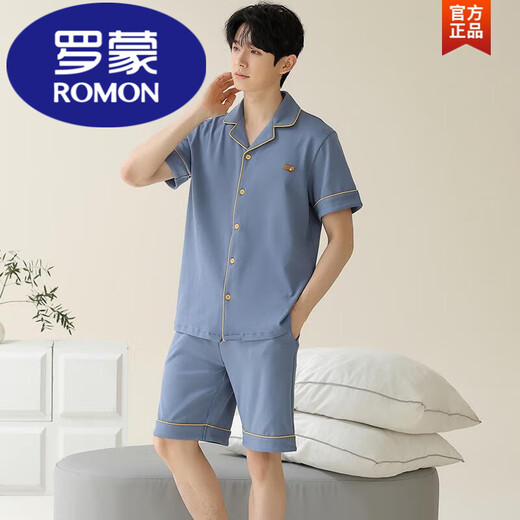 罗蒙（ROMON）睡衣男士夏季纯棉短袖短裤开衫薄款大码纯色休闲家居服套装夏季男 灰紫色12806【100%纯棉】 L 【建议100-120斤穿】