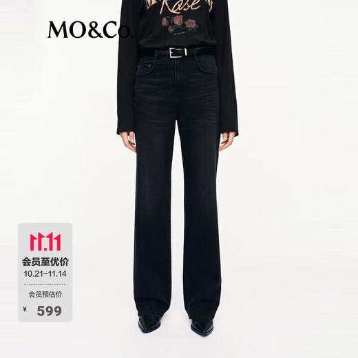 MO&Co. Jeans 2025 Autumn New Product Cotton Stretch Lycra Washed Straight Black Mid-Waist MBE3JENT12 Denim Black L /L