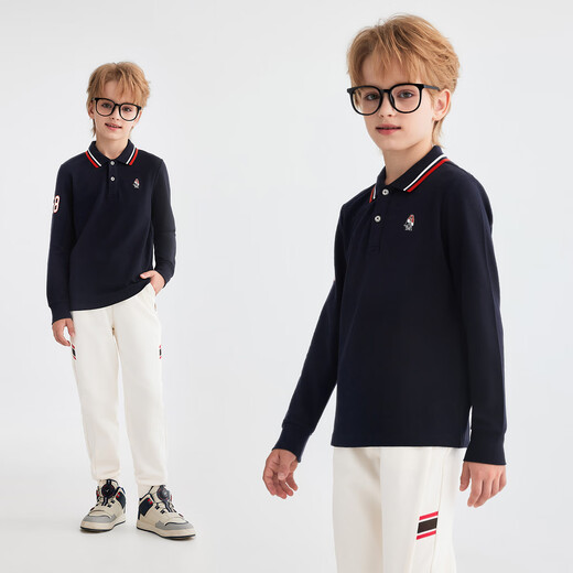 Hush Puppies children's clothing children's boys autumn new t-shirt simple classic casual versatile digital long-sleeved polo shirt navy blue 170 cm