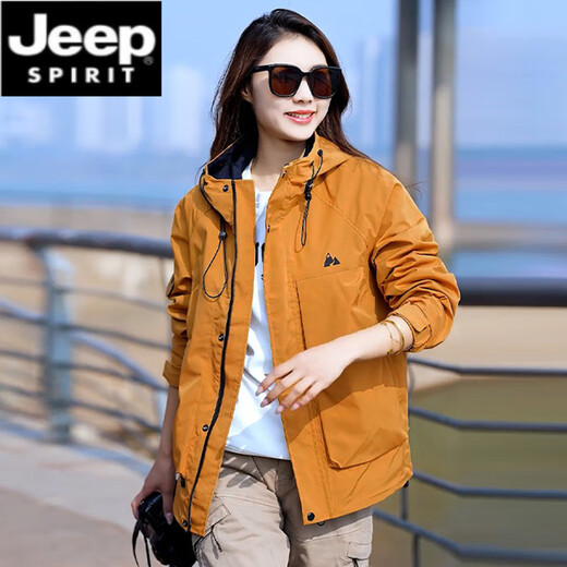 JEEP SPIRIT Jacket Women's Spring and Autumn Mountaineering Hiking Outdoor Travel Versatile Hooded Windproof and Waterproof Jacket Couple Jacket Men's Emma Orange Unisex XL Recommended 135-155 Jin Jin equals 0.5 kg