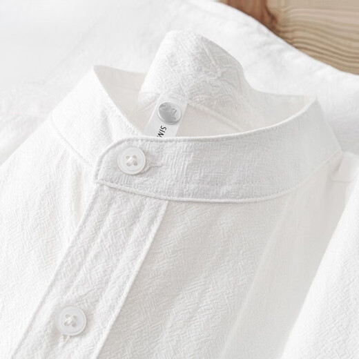 Japanese linen apricot stand collar short-sleeved shirt men's Henry collar cotton and linen short-sleeved shirt men's textured top dark blue textured skin-proof XL 120-135Jin Jin equals 0.5 kg