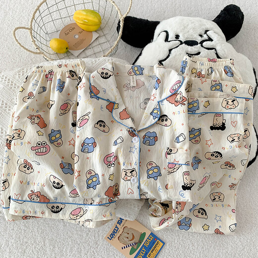 京濮飞甜美猫咪短袖睡衣三件套棉纱布家居服春夏秋 云朵棉-9905#黑爱心三件套 M 【建议75-100斤】