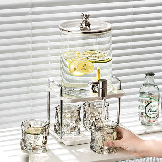 Same style as Atour Hotel, glass cold kettle with faucet, large capacity household fruit tea beverage bucket, 8L silver juice bucket + ceramic shelf + 4 twist cups