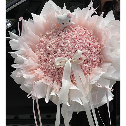 Flowers, love roses, birthday bouquets delivered in the same city, Hello Kitty cat, girlfriend, wife, best friend gift, Hello Kitty 52 pink roses, delivered in the same city to your home - date available