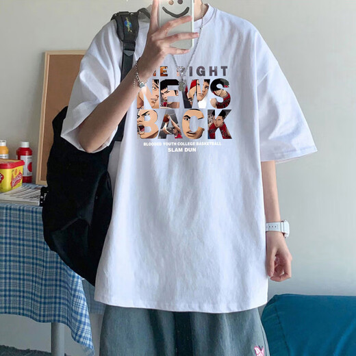 Pure A21 American short-sleeved T-shirt men's summer trendy loose and versatile casual half-sleeved T-shirt couple top [3888* slam dunk] black 3XL 160-180Jin [Jin equals 0.5 kg]