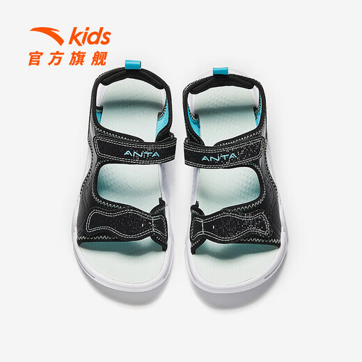 ANTA Children's Sandals Universal Big Children's Shoes 2025 Summer New Velcro Outdoor Baotou Soft Elastic Beach Shoes Black/Lake Blue-3 39