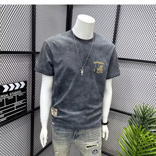 Summer new pure cotton men's casual versatile short-sleeved T-shirt American trendy brand printed light luxury slim top WZY Gray 2XL