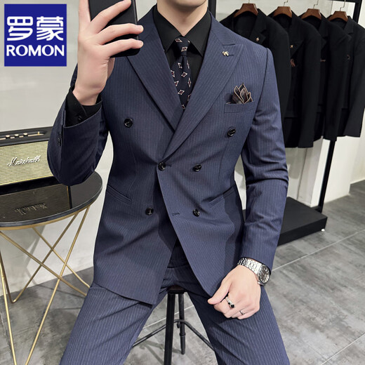 ROMON high-end suit men's suit business casual double-breasted striped slim new small suit groom wedding dress black two-piece set with free tie XL (suitable for 126-140 Jin Jin equals 0.5 kg)