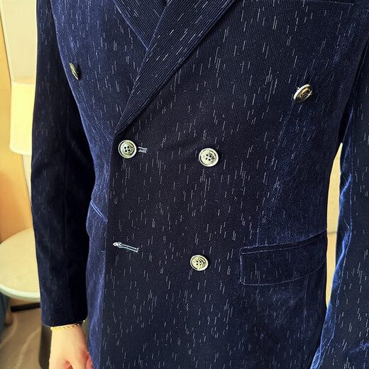 Jason's Corduroy Suit Men's Business Formal Double-breasted Autumn and Winter Thickened Jacket High-end Fashion Brand Casual Suit Set Navy Blue (Suit + Pants) 4XL