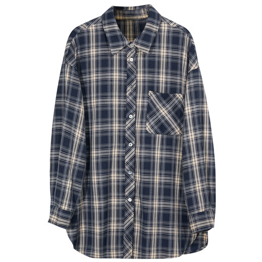 Sancai 2025 autumn new plaid shirt loose mid-length shirt cardigan lapel casual retro M navy plaid S 155/80A