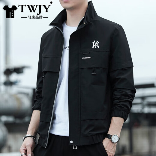 TWJY Light Luxury Brand Jacket Jacket for Men Spring and Autumn New Trendy Fashion Top Versatile Handsome Casual Men's Clothing T2102Y Black (Fleece Style) Stand Collar 2XL (Recommended 135-150 Jin Jin equals 0.5 kg)