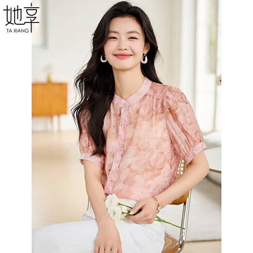 她享短袖衬衫女圆领星空设计感宽松休闲泡泡袖上衣衬衣T143C1343